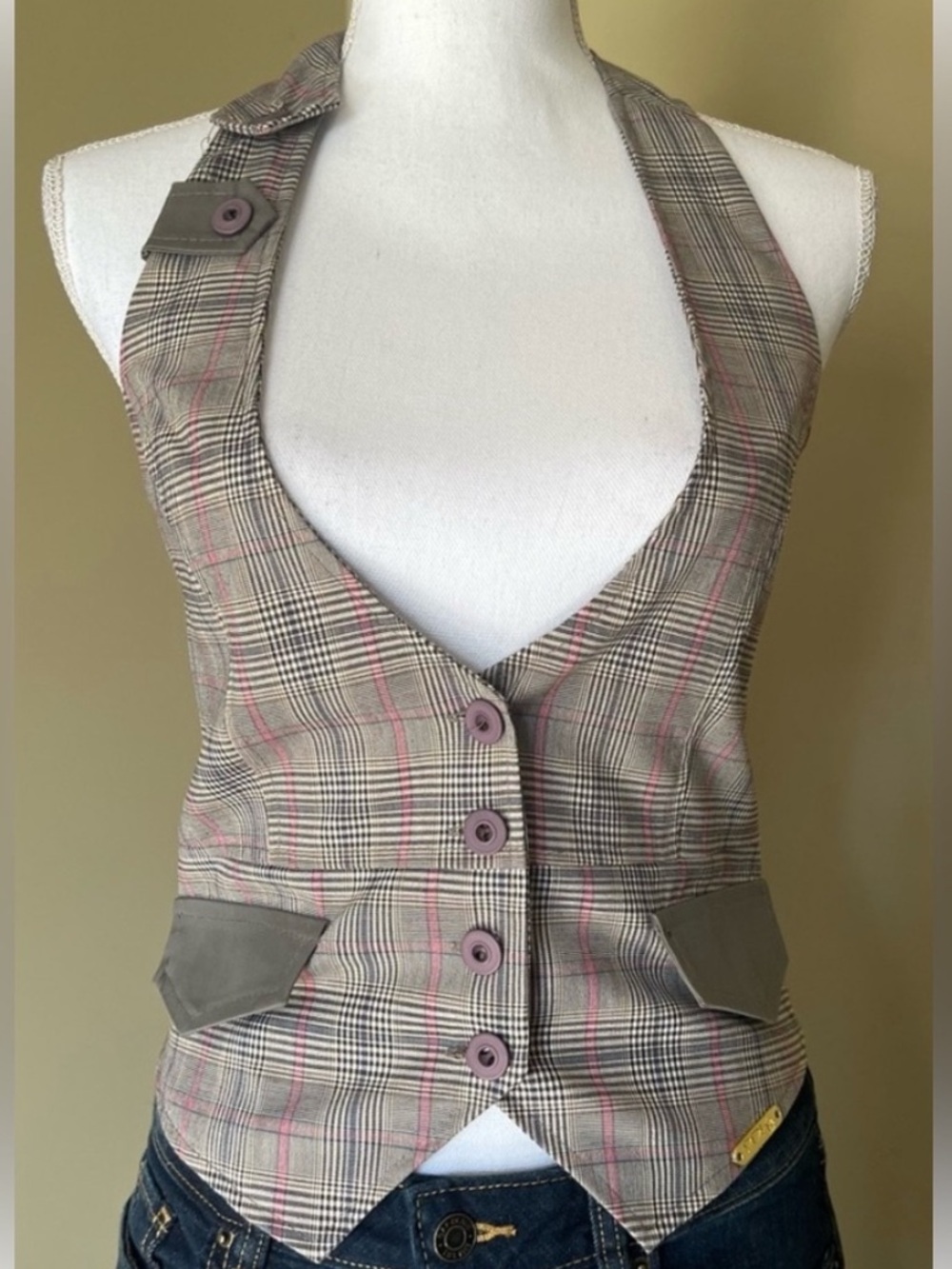 Neutral Colors & Pink Plaid Halter Vest from Italy